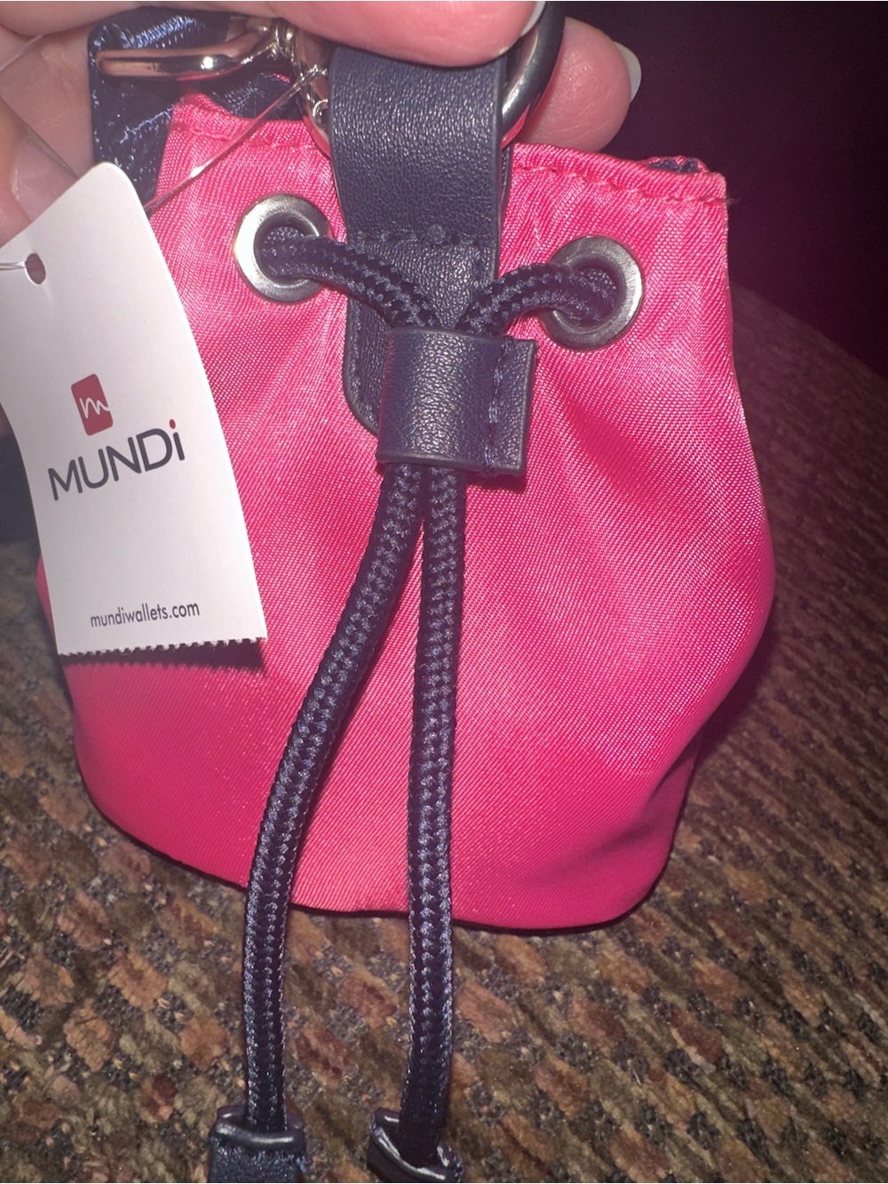 mundi Pink Mini Drawstring bucket bag charm with Navy Trim
